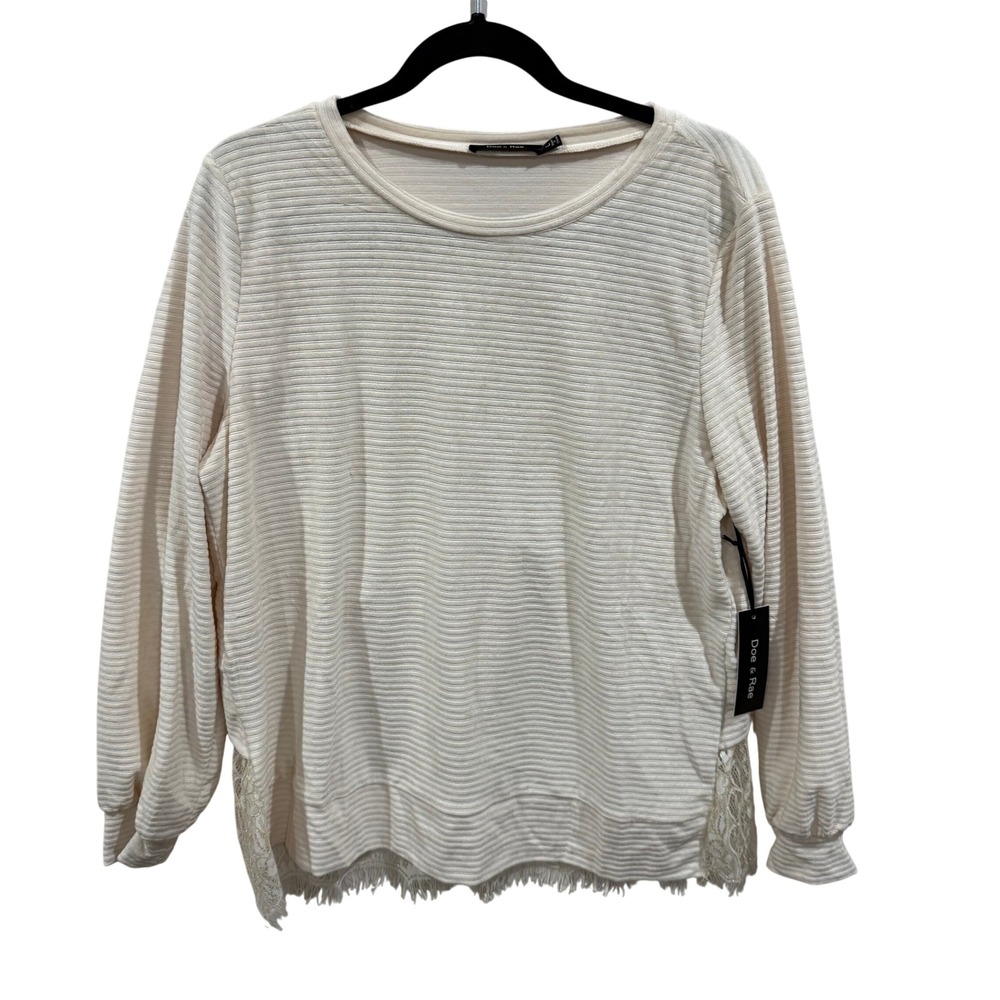 Doe & Rae Cream Ribbed Lace Trim Puff Sleeve Top 9779T NWT Large